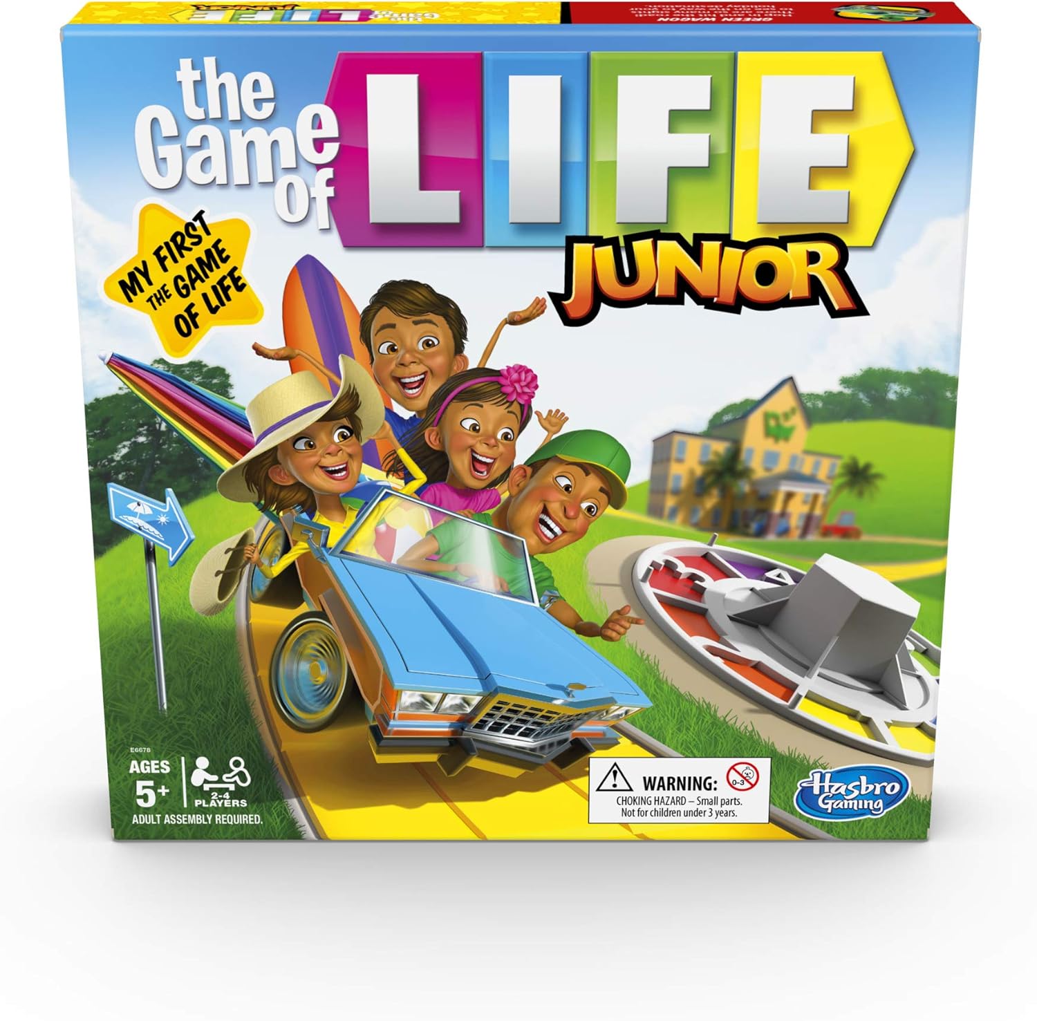 Board game box for 'The Game of Life Junior' featuring colorful graphics and characters.