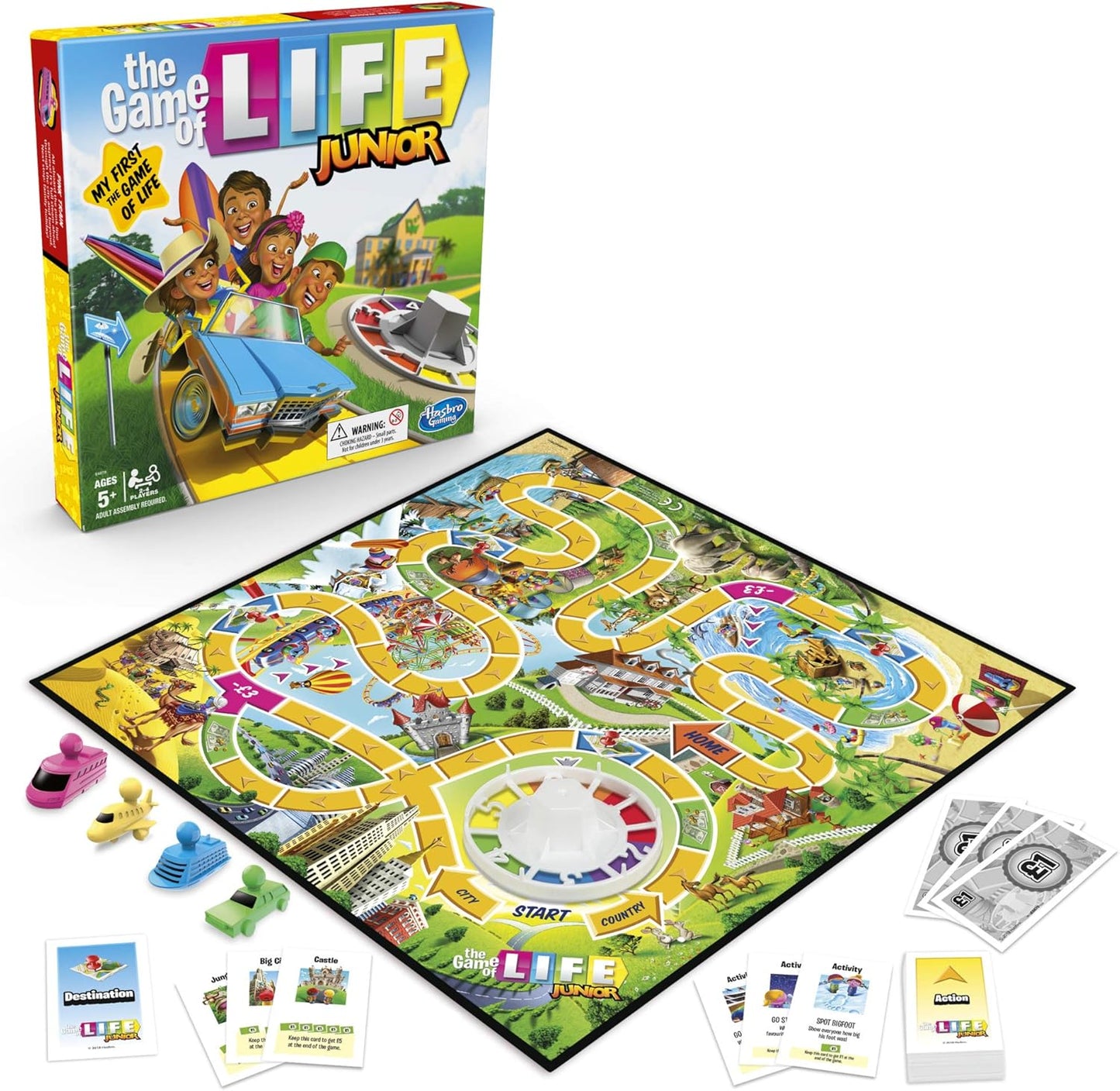 Board game 'The Game of Life Junior' with components and packaging on a white background