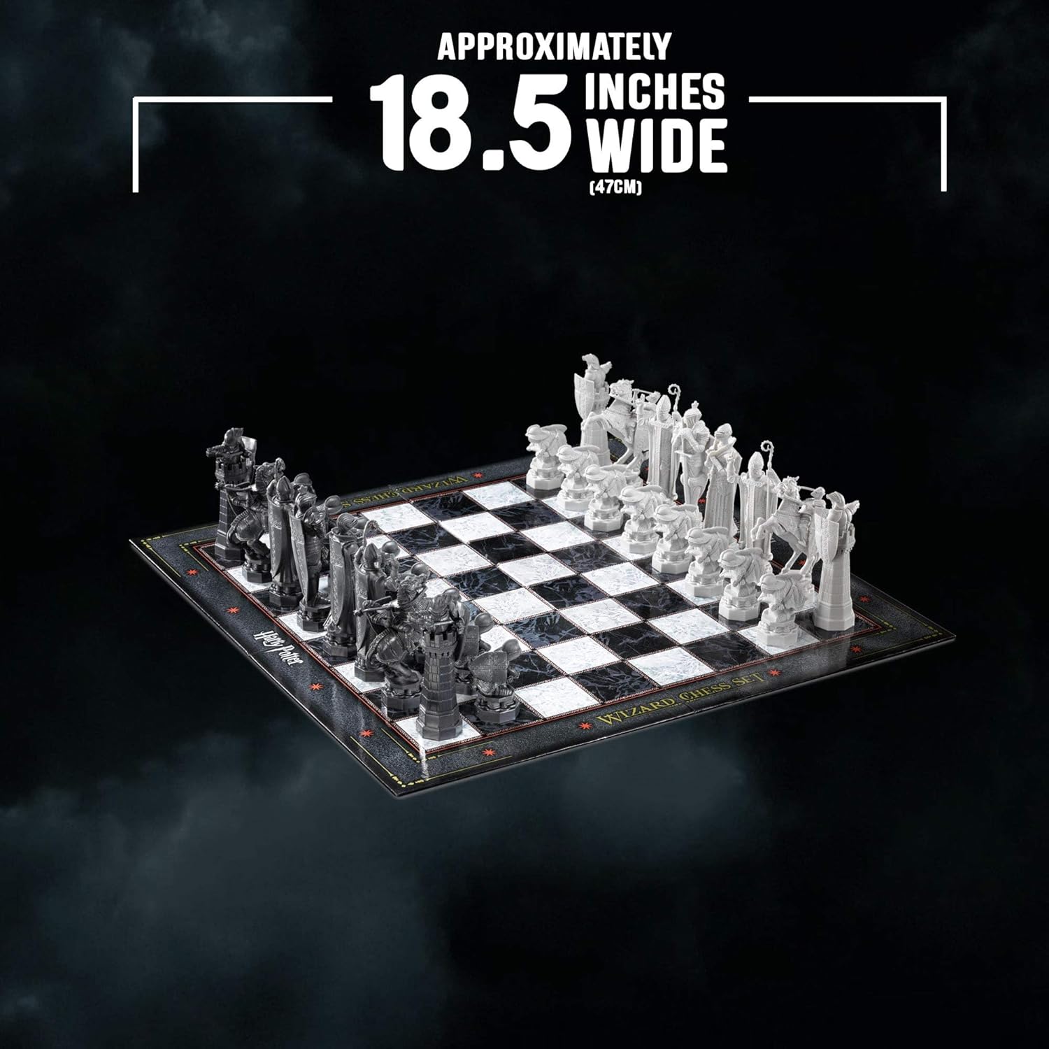 Chess set with clear pieces on a dark background, showing size measurement.