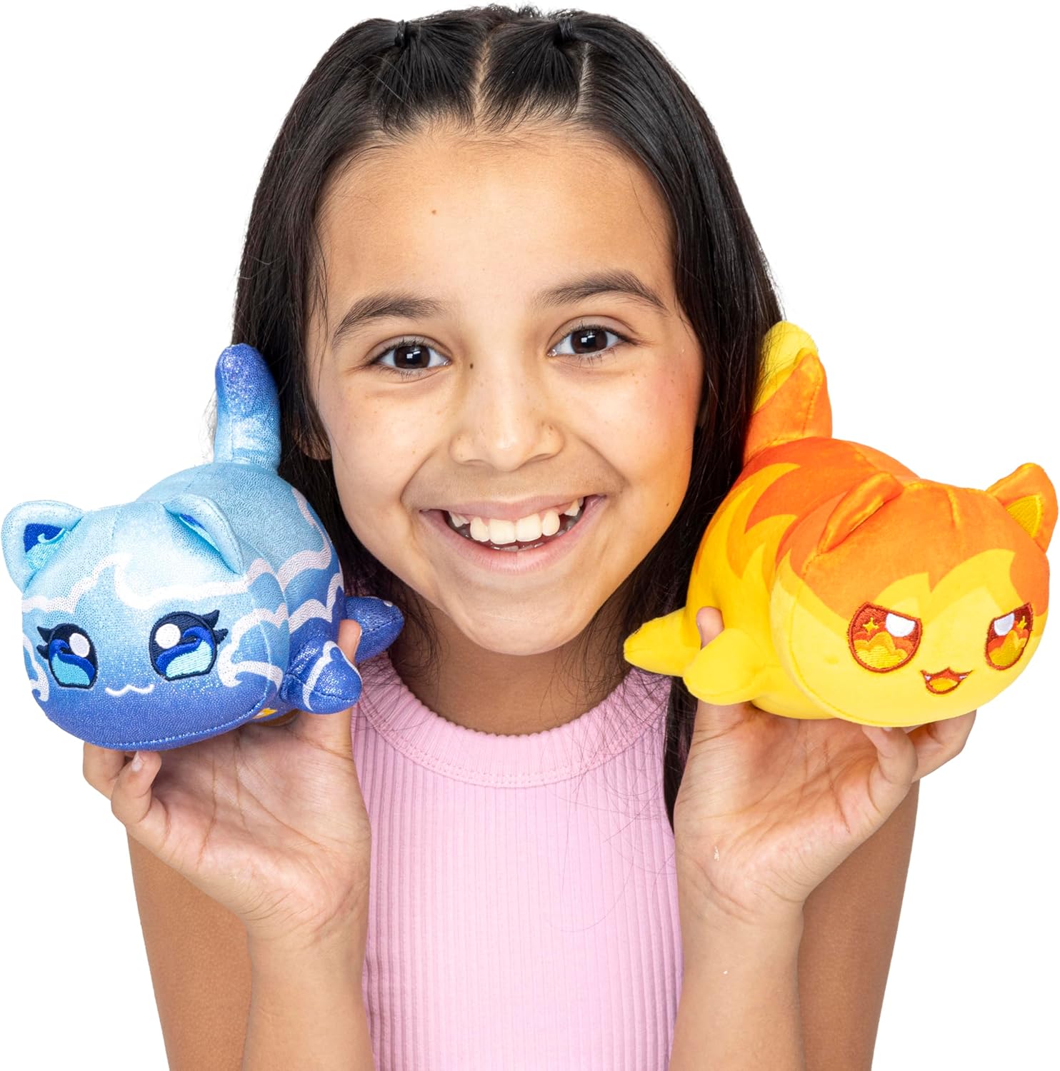 Girl holding two colorful Aphmau plush toys against a white background