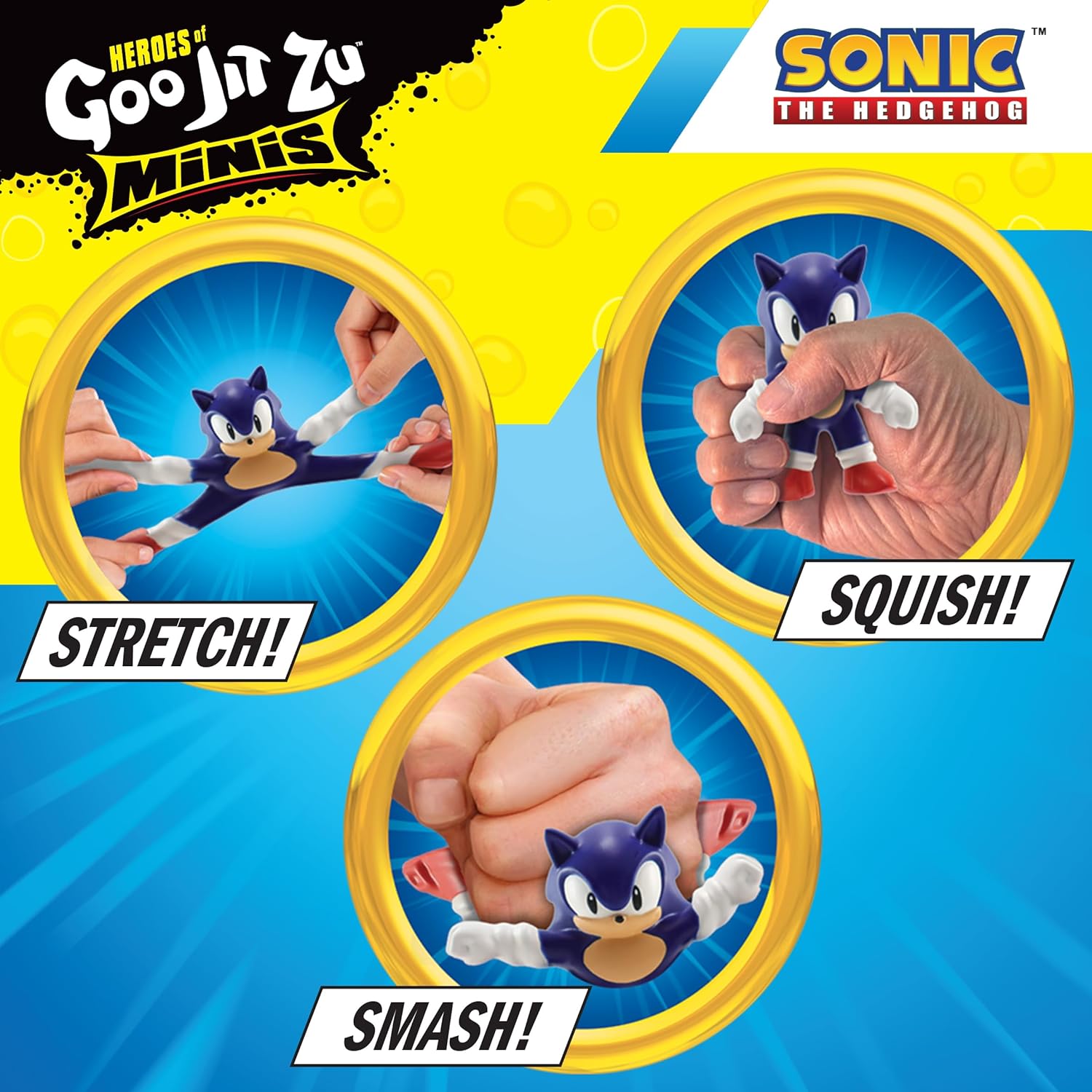 Promotional image of Goo Jin Zu Minis with Sonic the Hedgehog figures and text indicating stretch, squish, and smash actions.