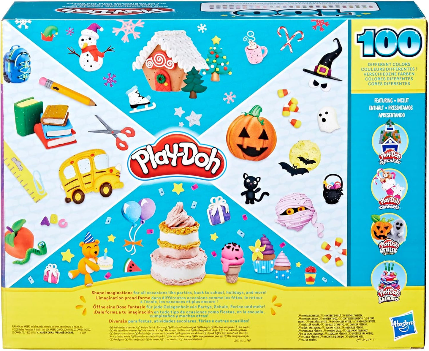 Play-Doh 100-piece set packaging with various themed items on a blue and yellow background
