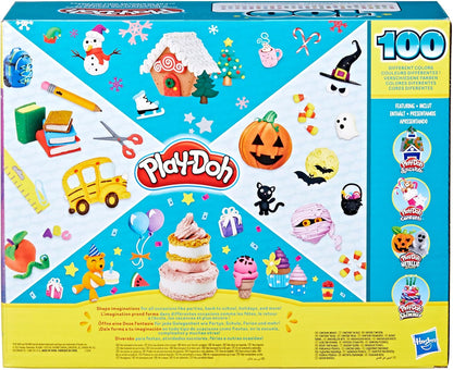 Play-Doh 100-piece set packaging with various themed items on a blue and yellow background