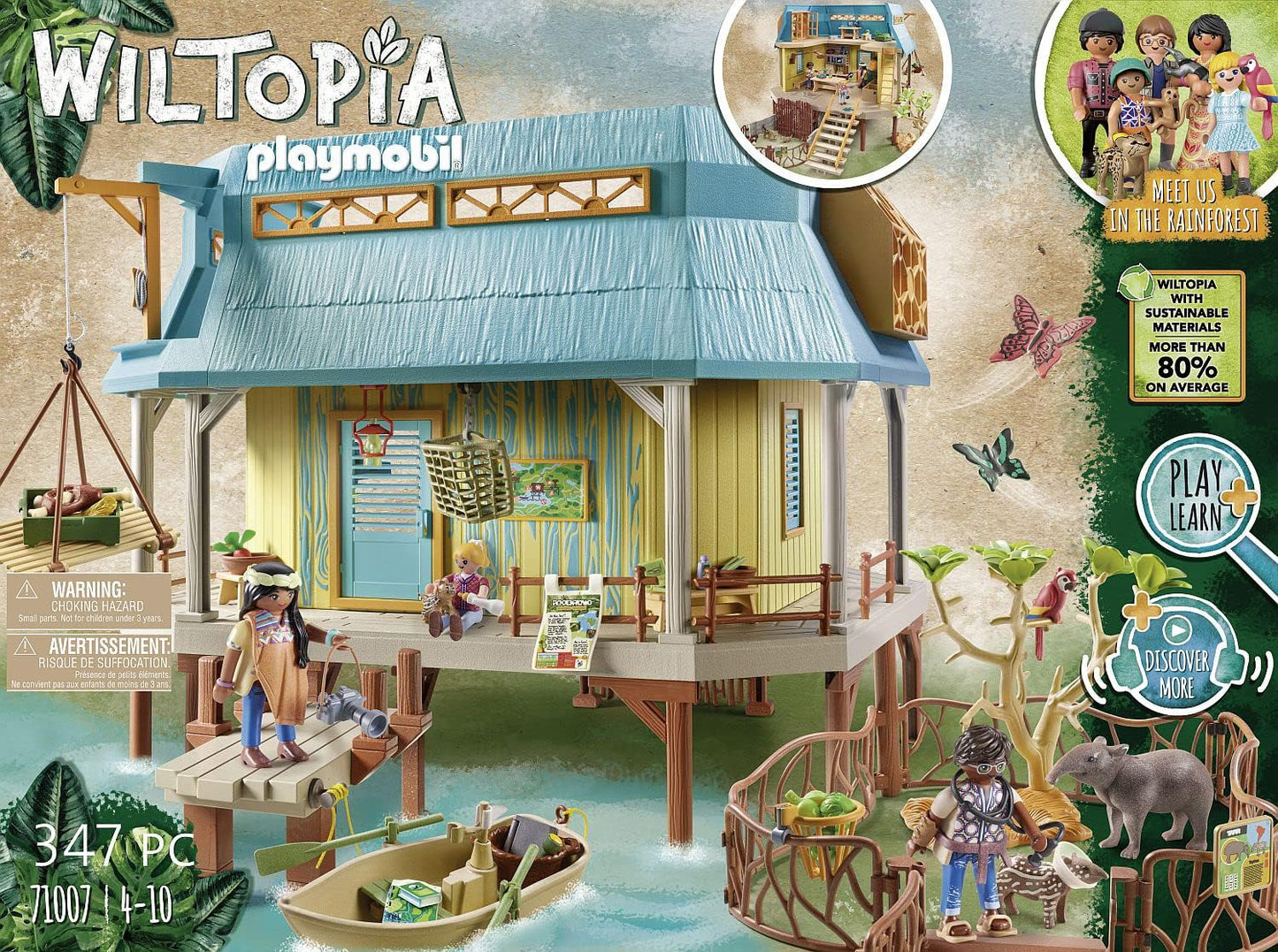 Playmobil Wiltopia playset packaging with a wooden cabin, figures, and accessories.