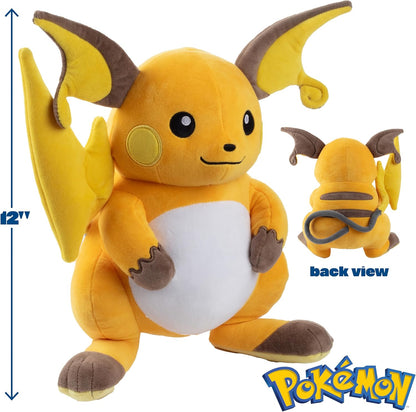 Plush toy of a yellow and brown creature with bat-like wings, labeled '12"' and 'back view', on a white background with 'Pokémon' logo.
