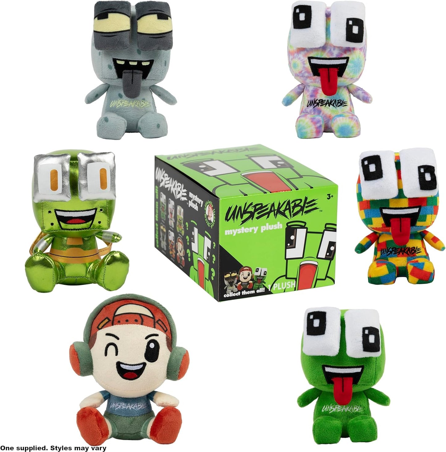 Collection of colorful plush toys with a mystery plush box in the center on a white background.