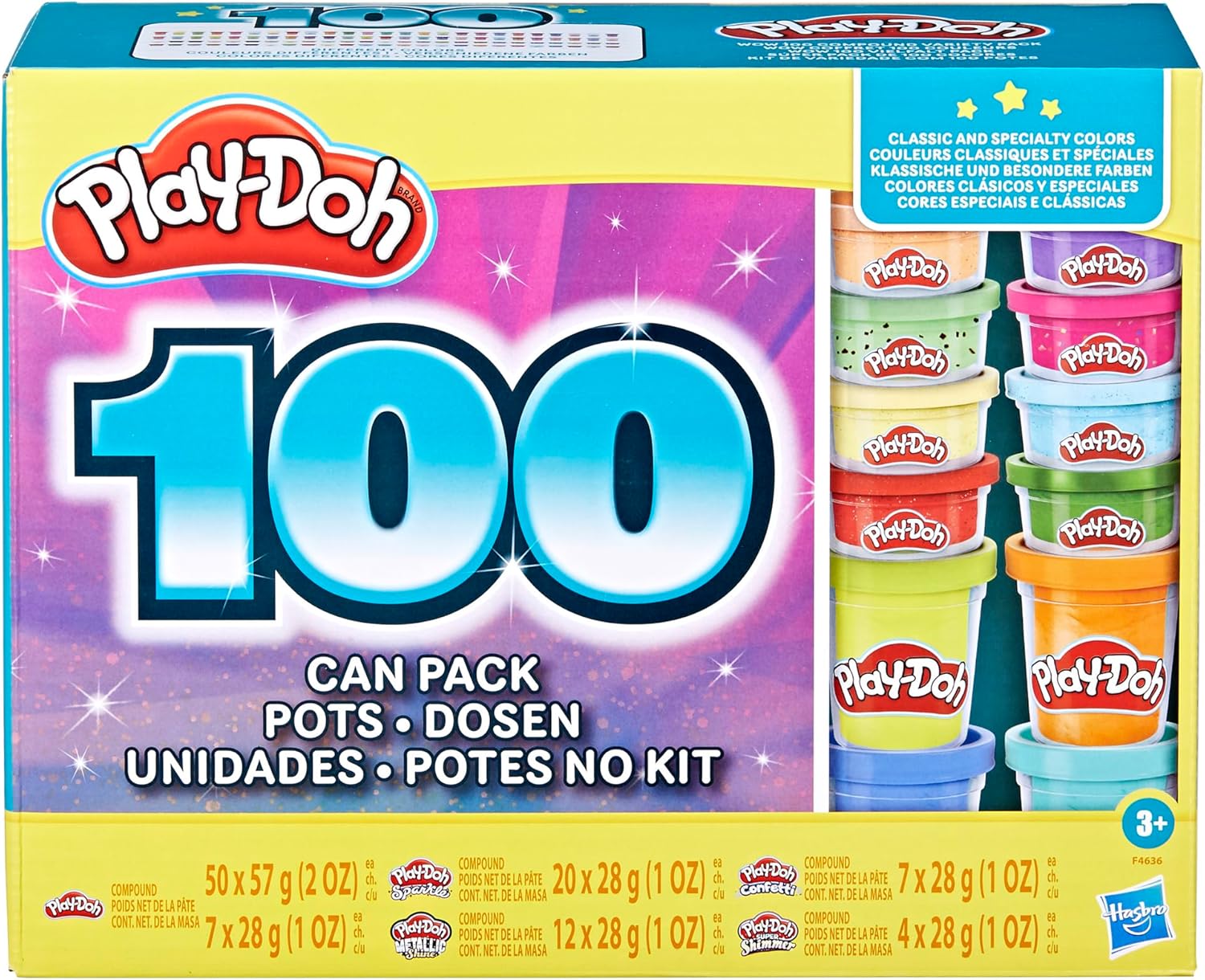 Play-Doh 100 can pack with colorful containers on a blue and yellow box.