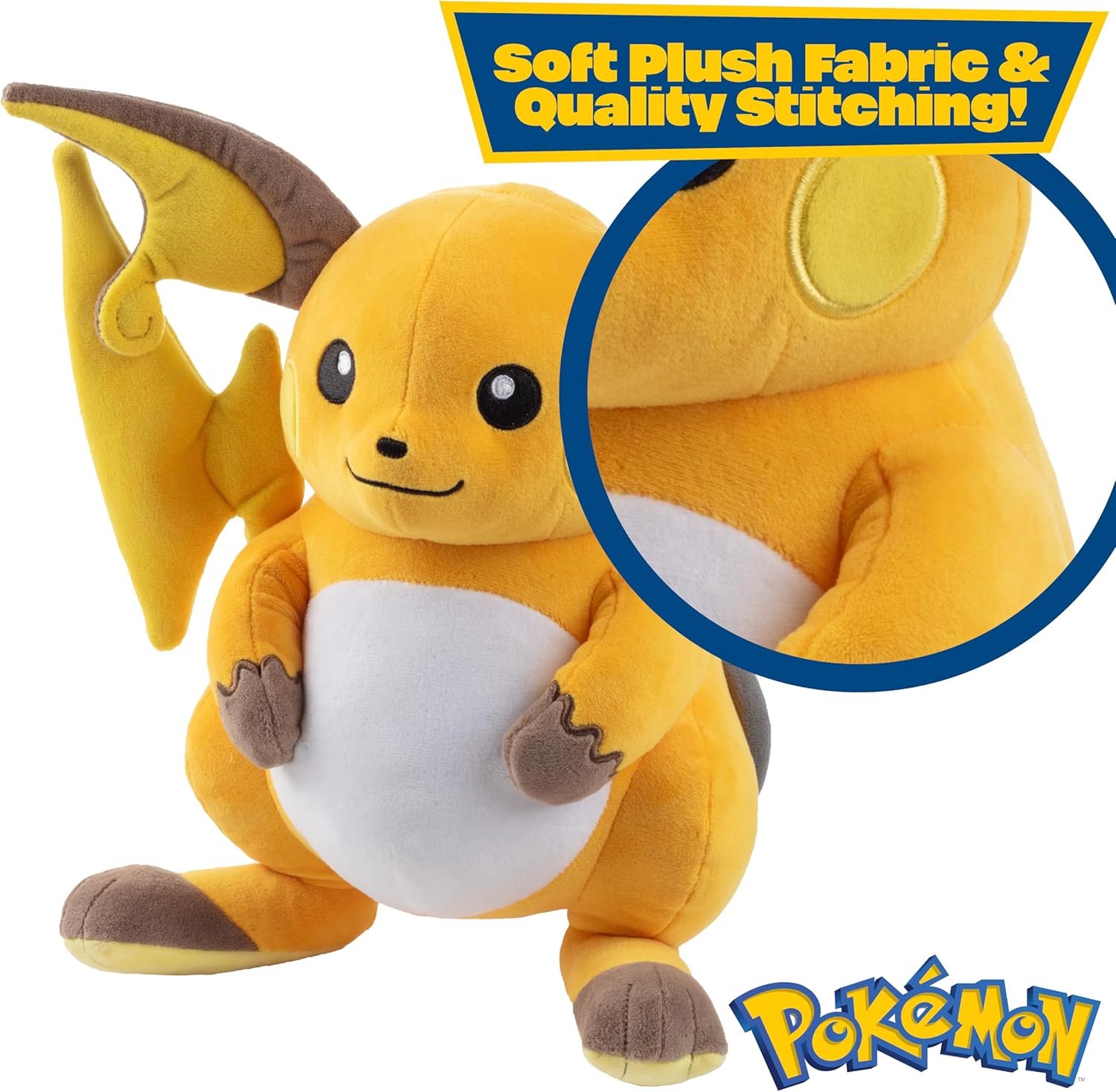 Yellow plush toy with brown accents, featuring 'Pokémon' branding and text about soft fabric and quality stitching.