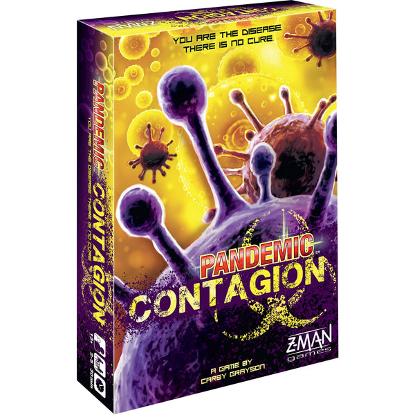 Board game box for 'Pandemic Contagion' with virus graphics and Z-Man Games branding.