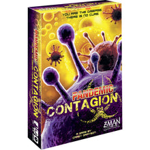 Board game box for 'Pandemic Contagion' with virus graphics and Z-Man Games branding.