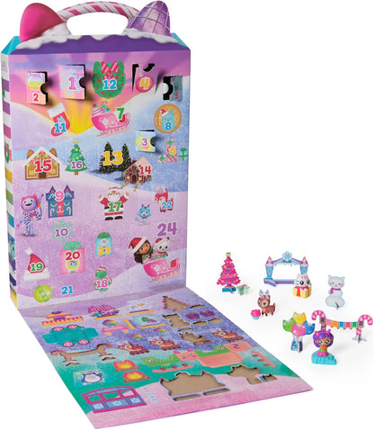Advent calendar with small figures and a colorful design on a white background