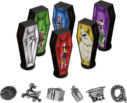 Set of collectible figures in coffin-shaped boxes with various characters on a white background.