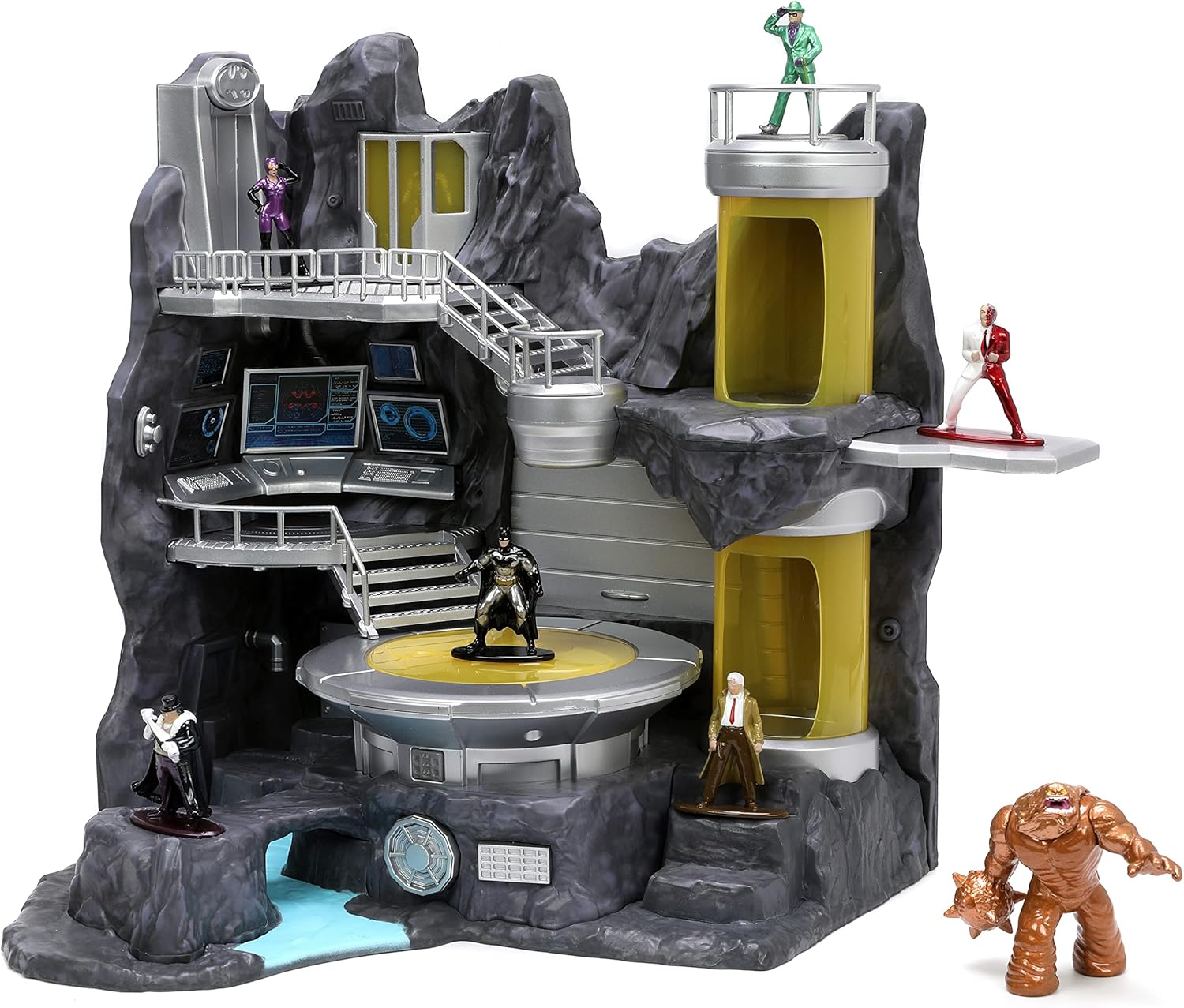 Toy set with a rocky structure featuring various figures and equipment on a white background