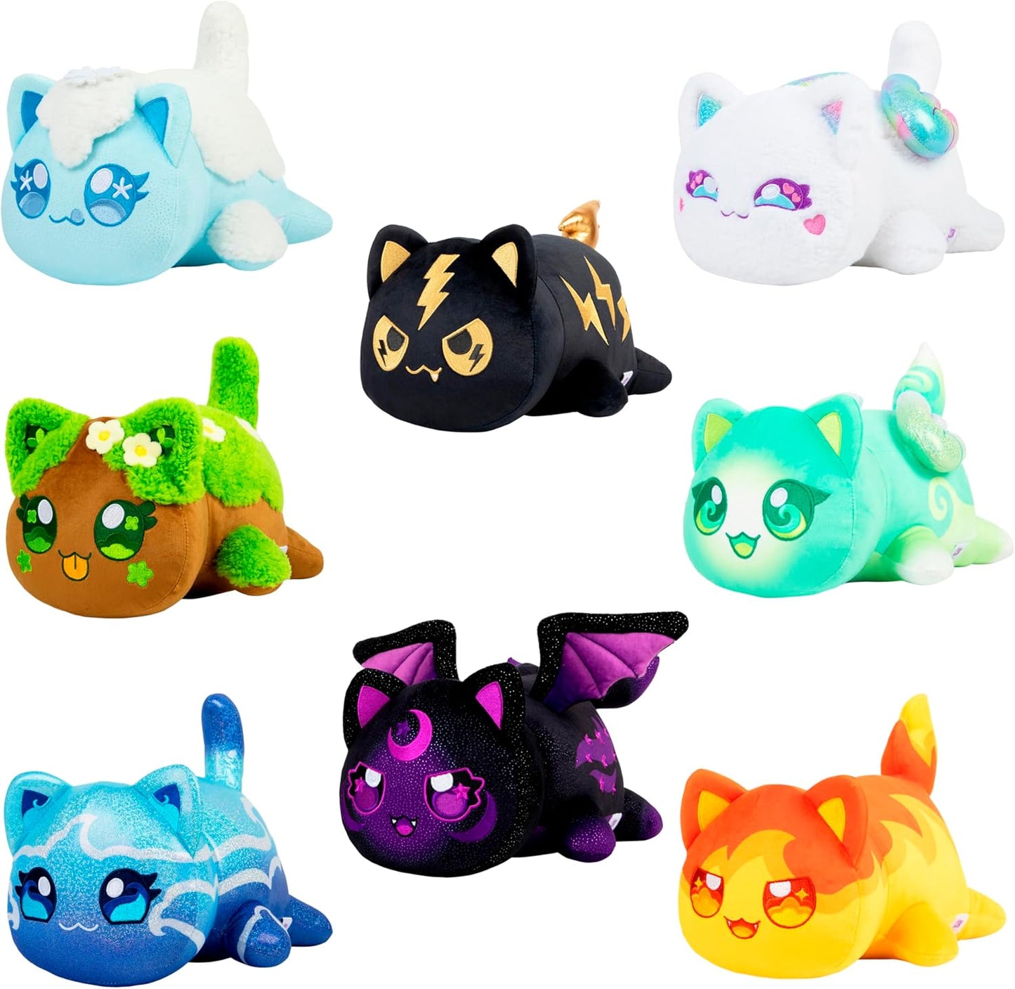 Collection of colorful cat-shaped plush toys on a white background