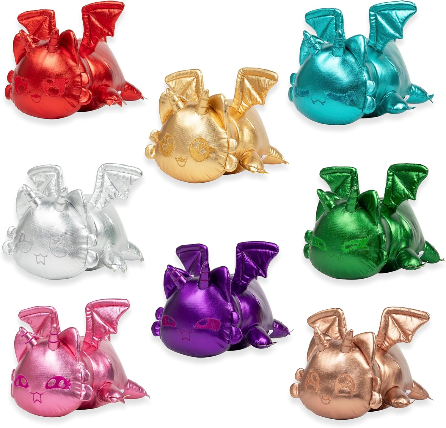 Set of colorful dragon-shaped toys in various metallic colors on a white background