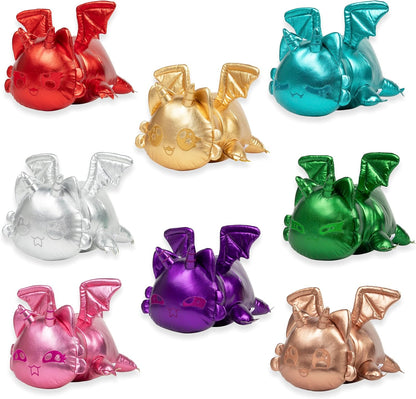 Set of colorful dragon-shaped toys in various metallic colors on a white background