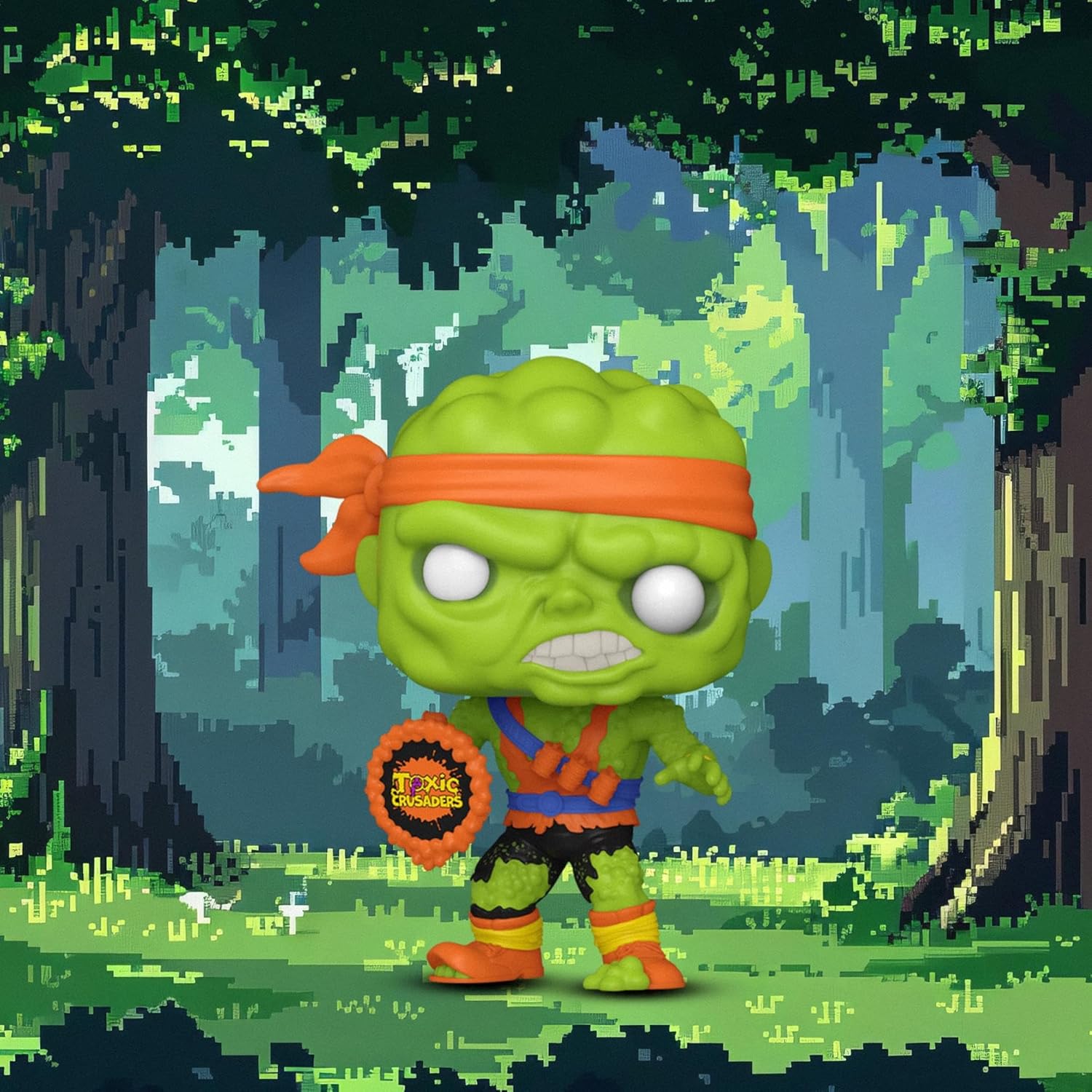 Funko Pop! Toxic Crusaders Pixel art character in a forest setting with a green head and orange bandana.