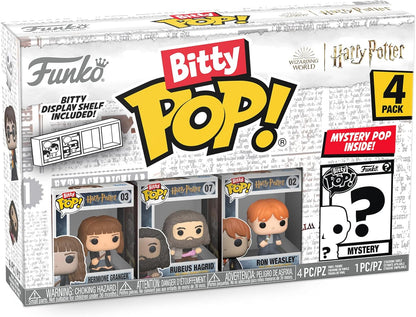 Funko Bitty Pop! Harry Potter figure set packaging with four figures and a mystery figure included.