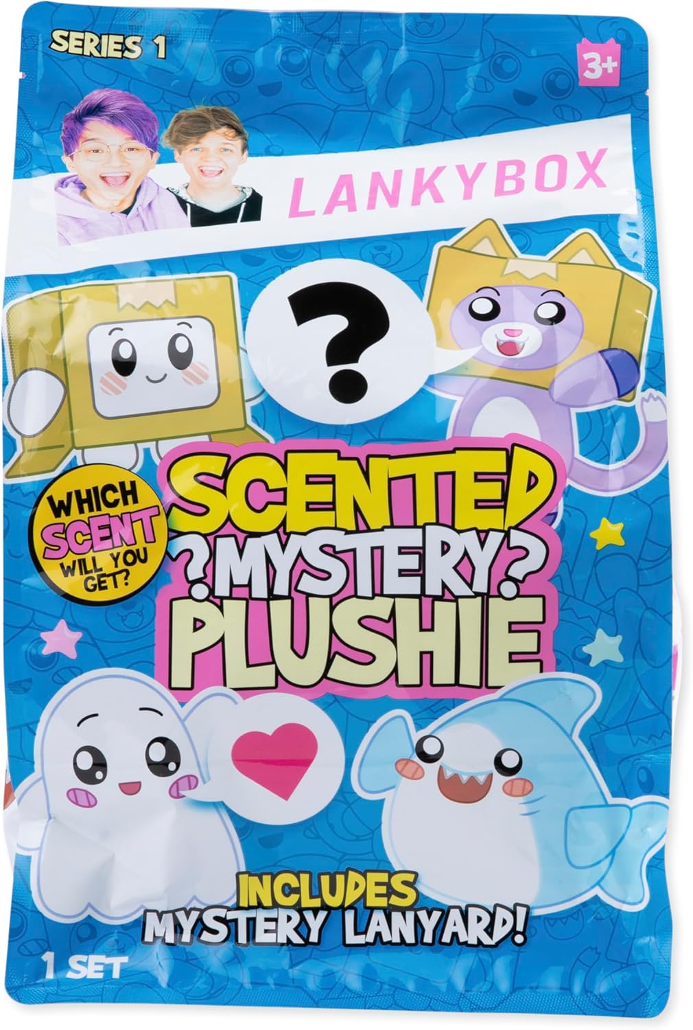 Lankybox scented mystery plushie packaging with cartoon characters and question marks.