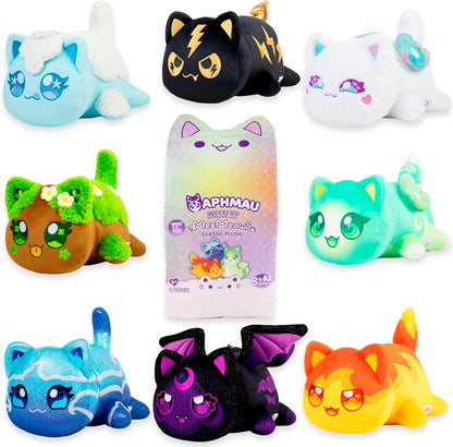 Collection of colorful plush toys with a central 'Aphmau' packaging.