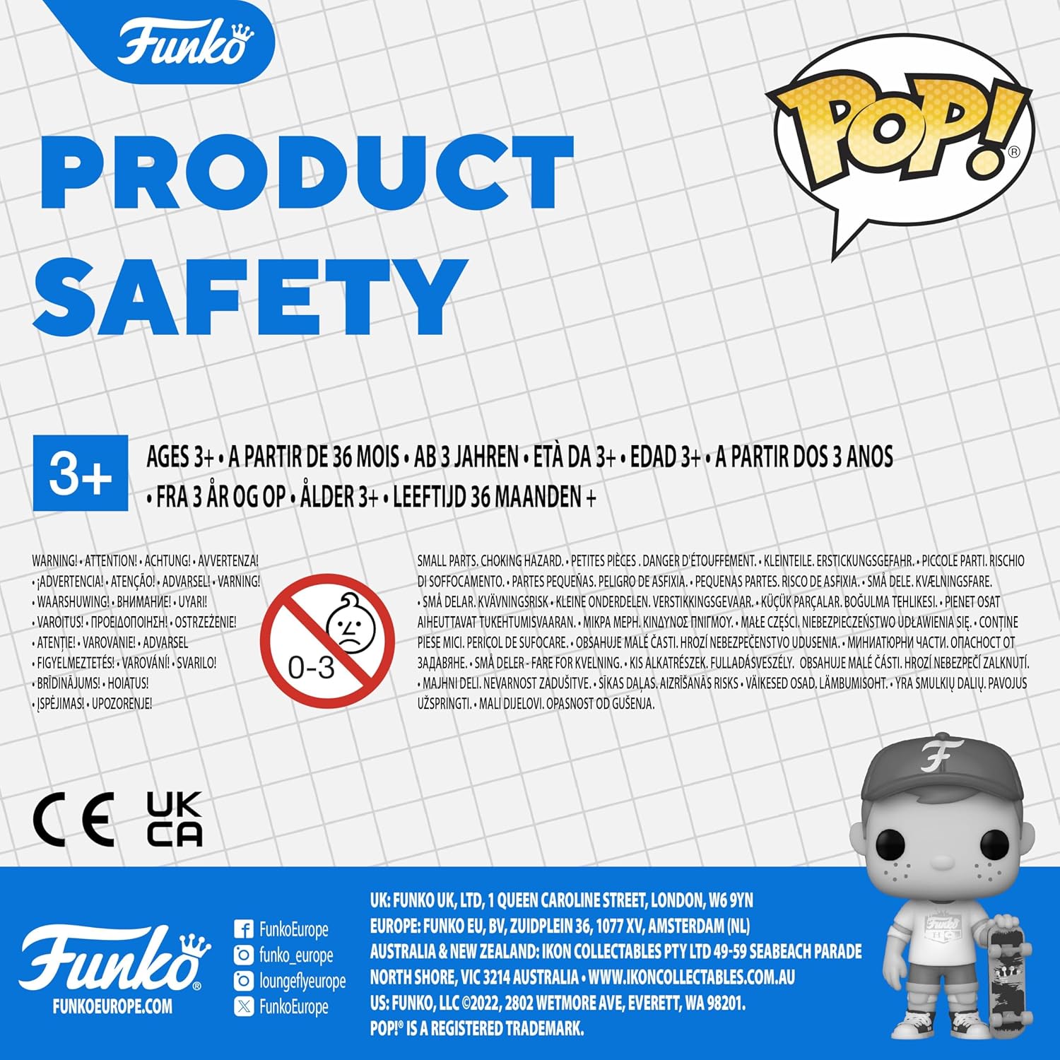 Funko Pop! product safety information card with a character in a cap and white shirt.