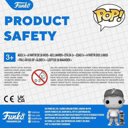 Funko Pop! product safety information card with a character wearing a cap and shirt.
