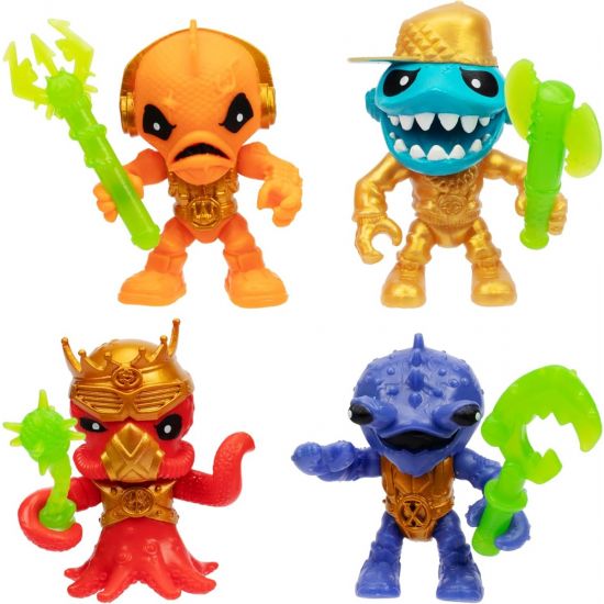 Four colorful toy figures with weapons on a white background