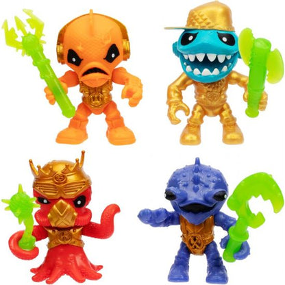 Four colorful toy figures with weapons on a white background