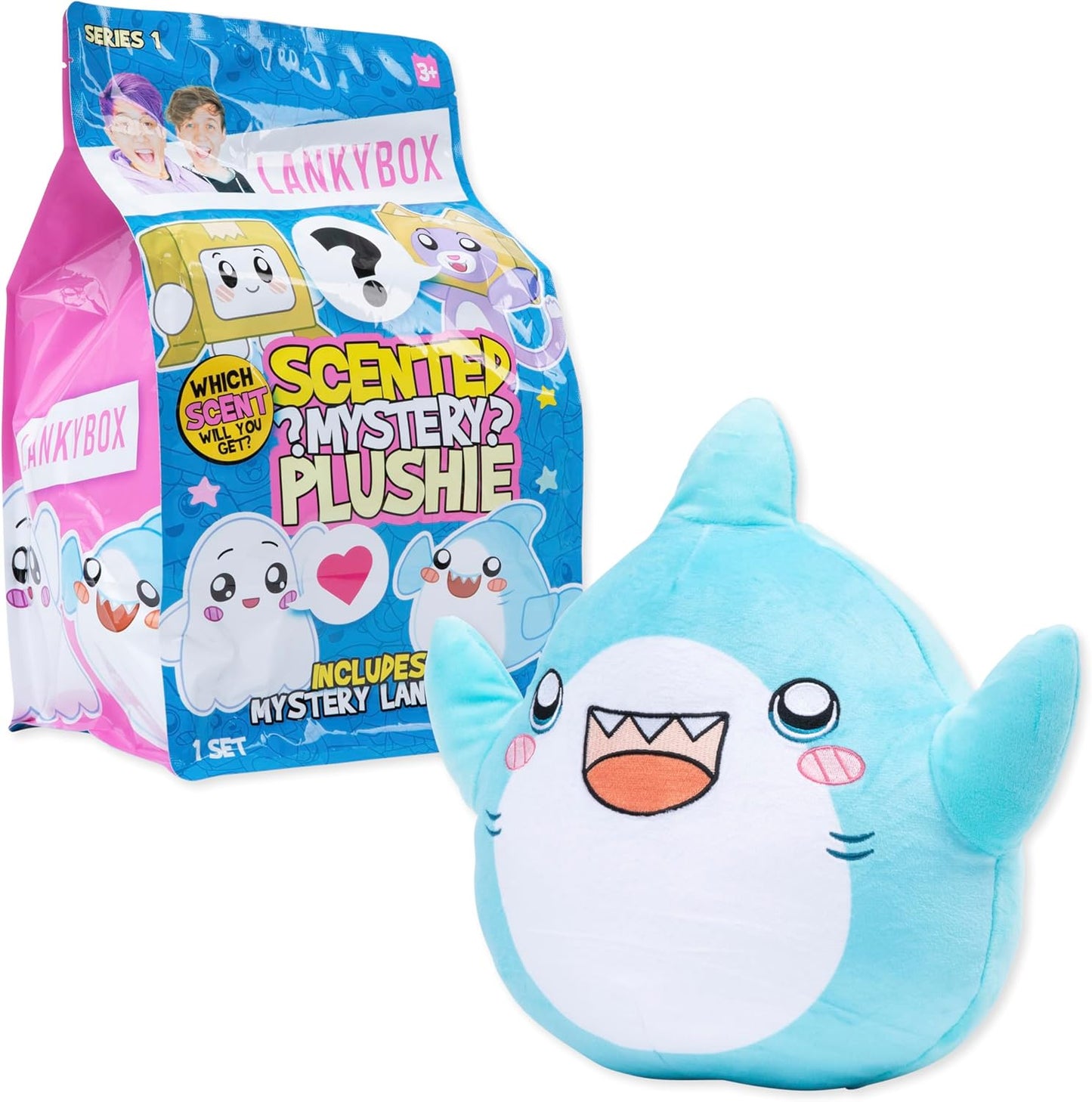 Blue shark-shaped plushie with Lankybox packaging on a white background