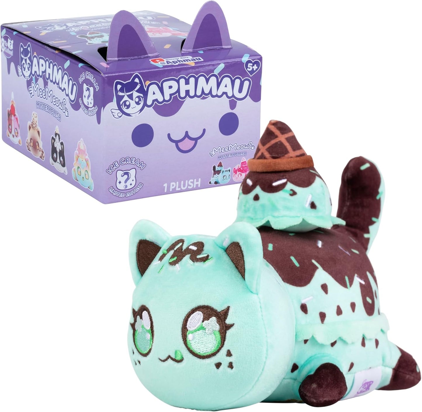 Plush toy resembling a character from 'Aphmau' with a matching box on a white background