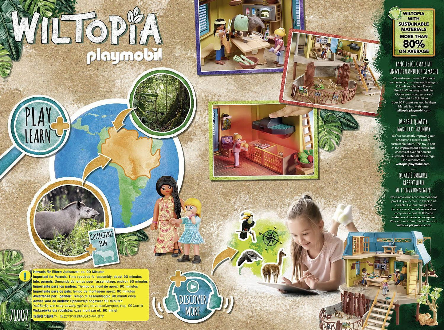 Wiltopia Playmobil toy set packaging with illustrations of children playing and toys.