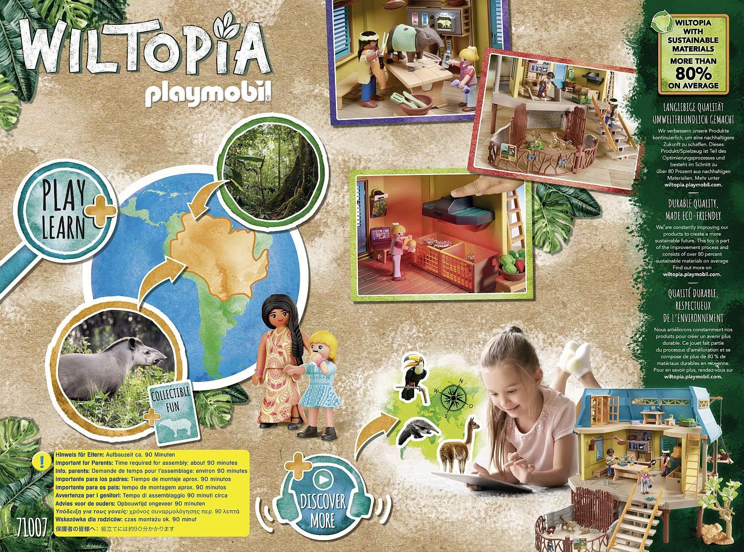Wiltopia Playmobil toy set packaging with illustrations of children playing and toys.