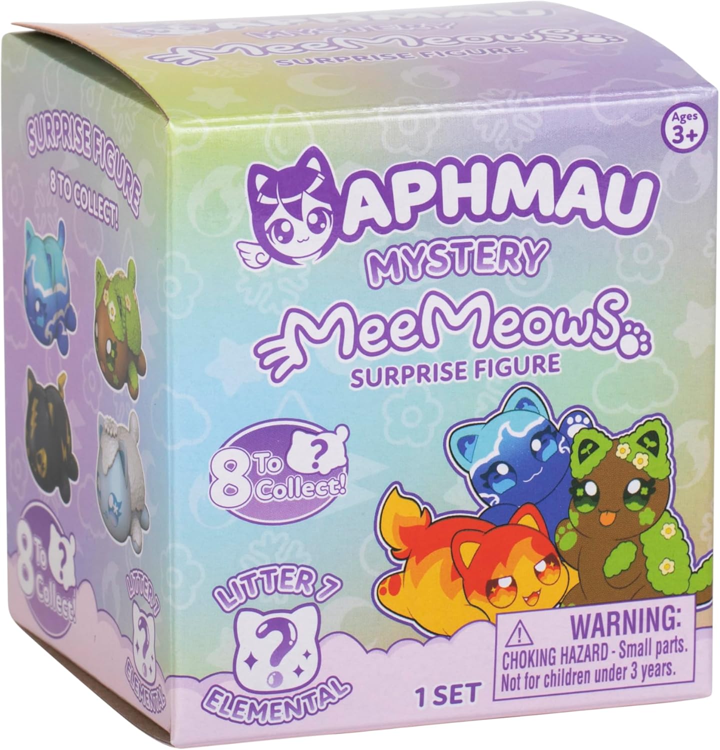 Box of Aphmau Mystery MeeMeows surprise figure with colorful design and cat illustrations.