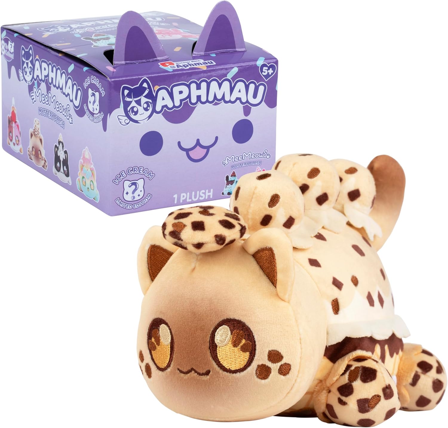 Plush toy with leopard pattern and packaging displaying 'Aphmau' brand on a white background