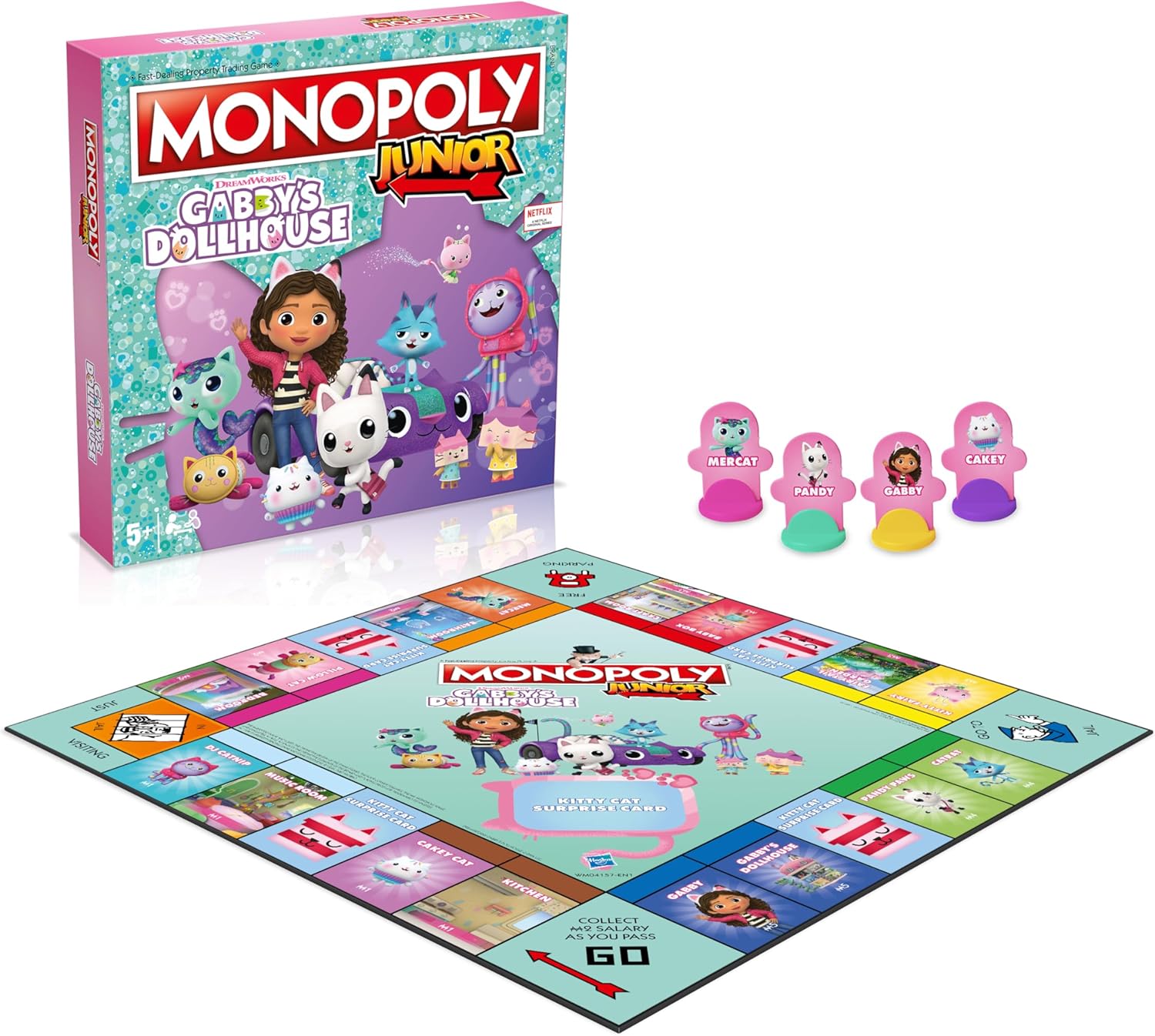 Monopoly Junior Gabby's Dollhouse board game set with packaging and toy figures on a white background