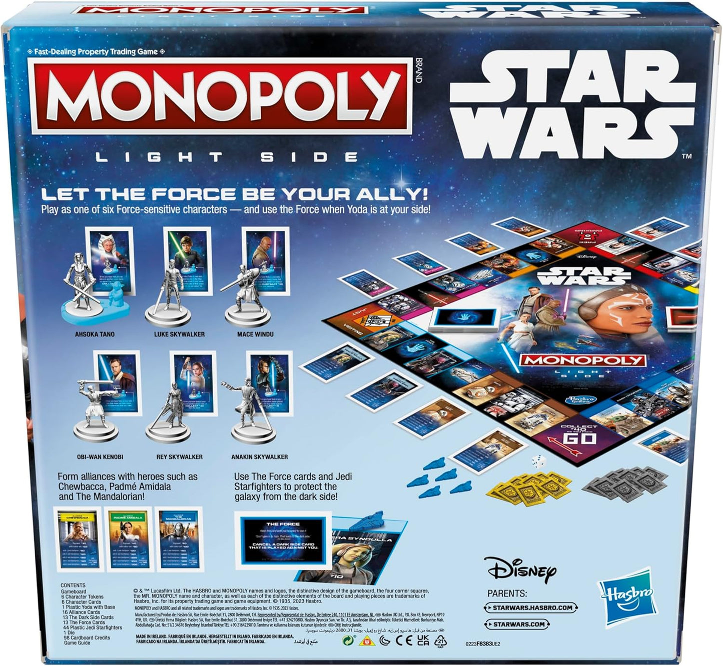 Monopoly Light Side Star Wars game box with characters and cards on a blue background