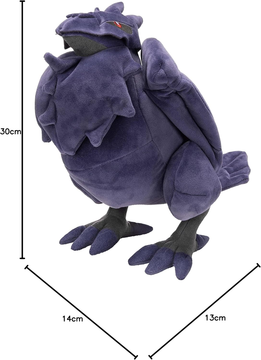 Pokémon Corviknight Purple plush toy with measurements on a white background