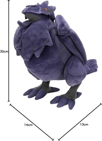 Pokémon Corviknight Purple plush toy with measurements on a white background