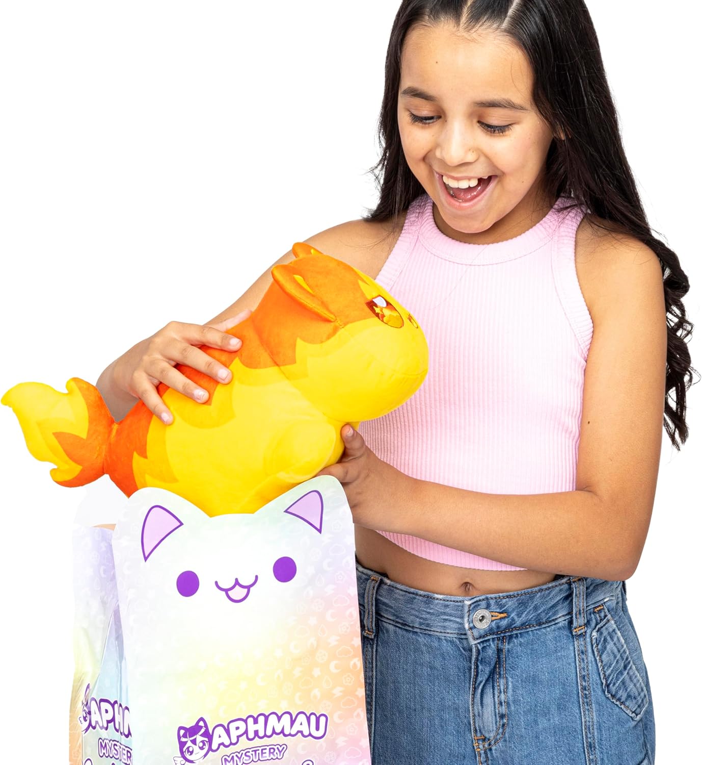 Girl holding a colorful plush toy with a white bag featuring a cat design and 'Mystery' text.
