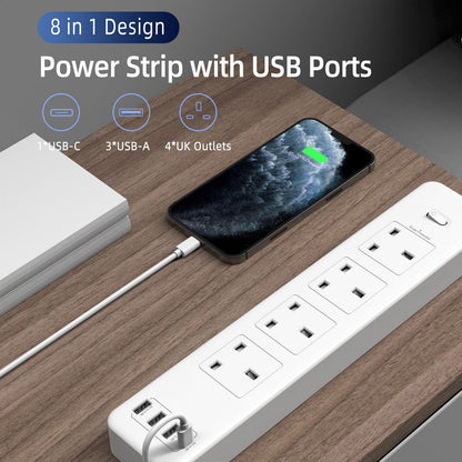2m 4-Socket UK Power Switch Extension Lead with 3x USB-A / 1x USB-C Ports