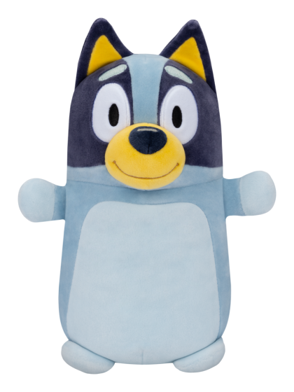 Plush toy of Bluey cartoon character with yellow ears on a white background