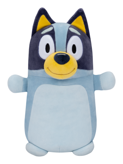 Plush toy of Bluey cartoon character with yellow ears on a white background
