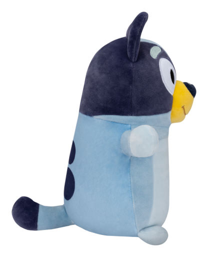 Plush toy Bluey with a blue body and black head on a white background
