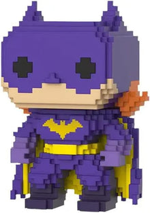 Pixelated character in a purple costume with a yellow bat symbol on a white background