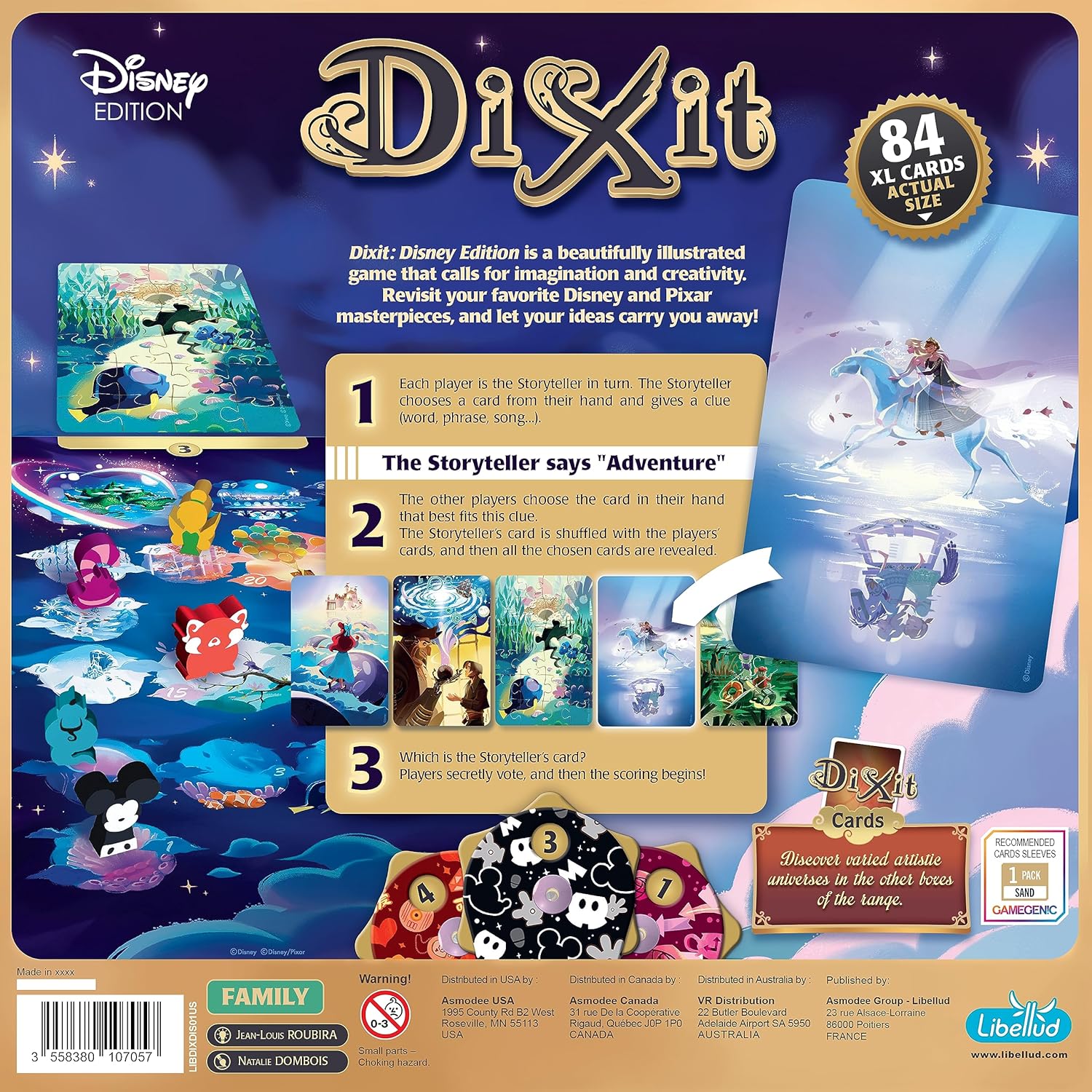 Back cover of Dixit Disney Edition card game packaging with illustrations and rules.