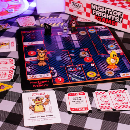 Board game setup with 'Five Nights at Freddy's' theme, including cards and figures on a checkered tablecloth.