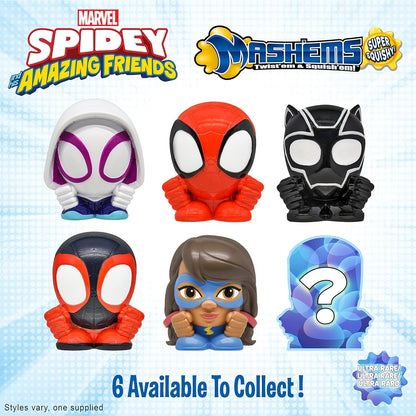 Set of Marvel Spidey and Amazing Friends and Mashems toys on a light blue background with text indicating availability.