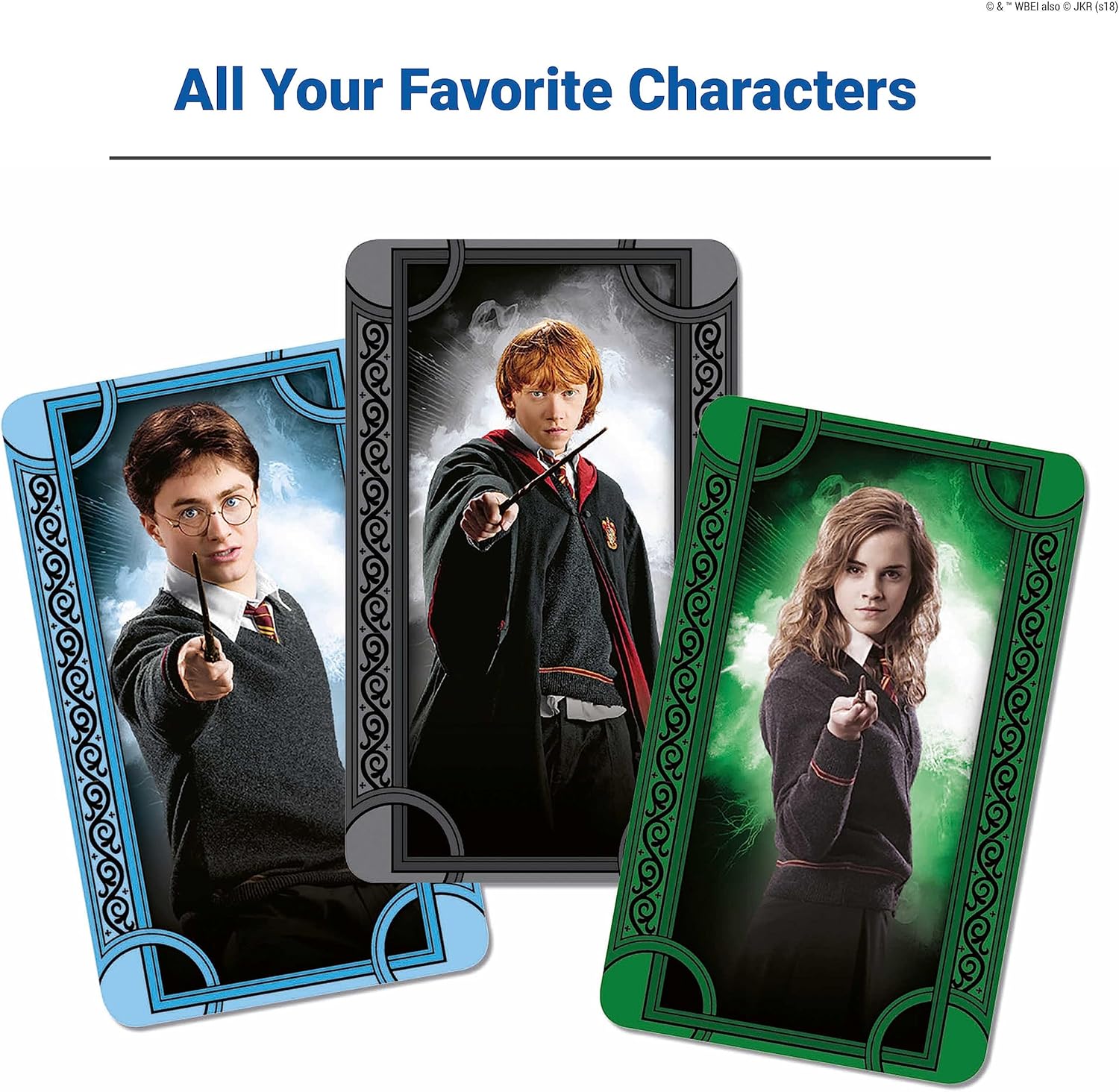 Three character cards from a collectible card game featuring Harry Potter, Ron Weasley, and Hermione Granger.