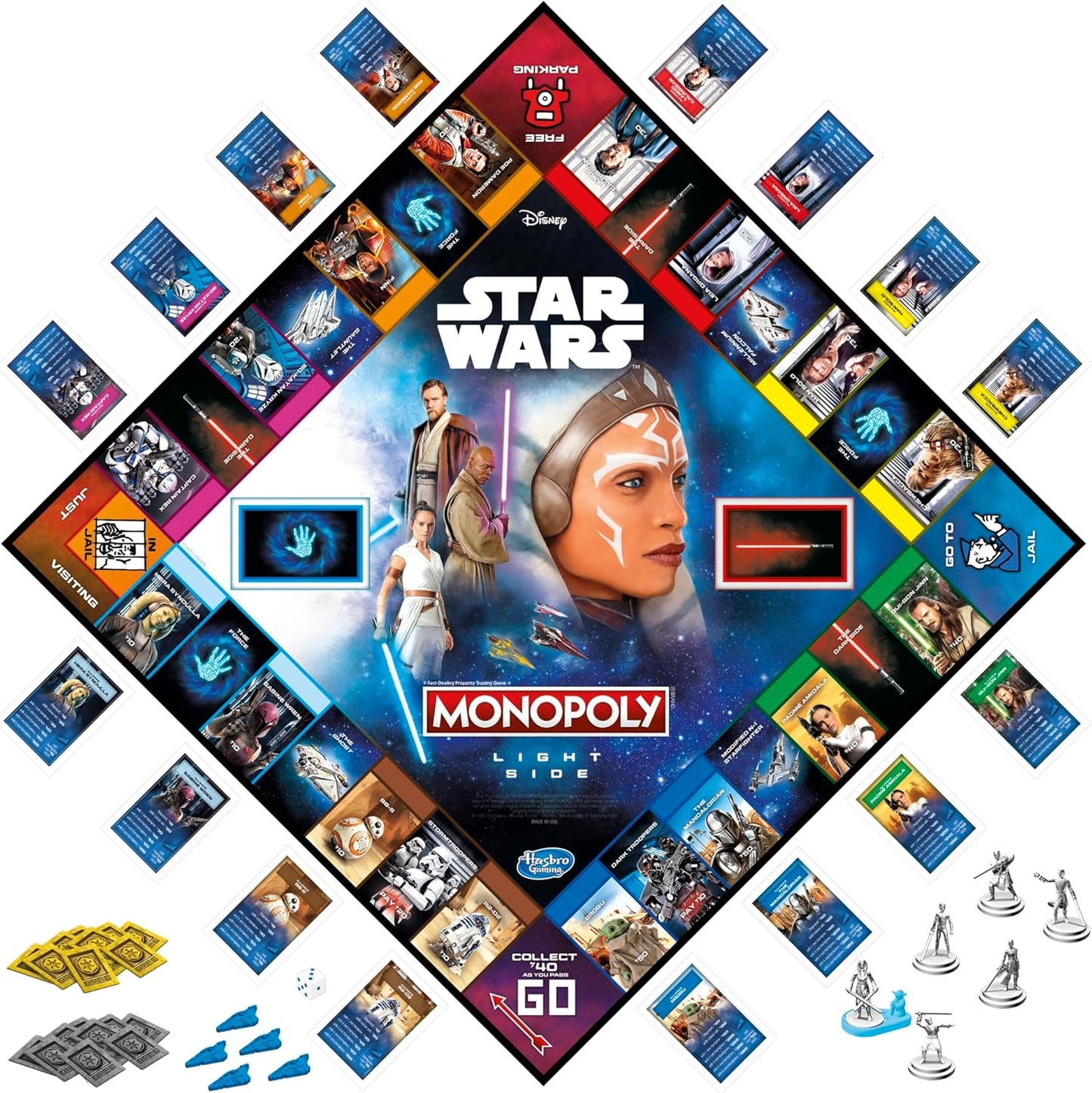 Star Wars Monopoly Light Side game board with cards and pieces on a white background