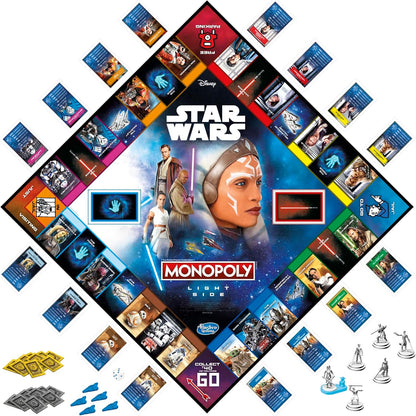 Star Wars Monopoly Light Side game board with cards and pieces on a white background